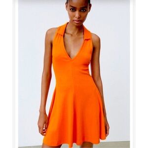 Zara Ribbed Knit Collared Mini Dress in Vibrant Orange, Size Small